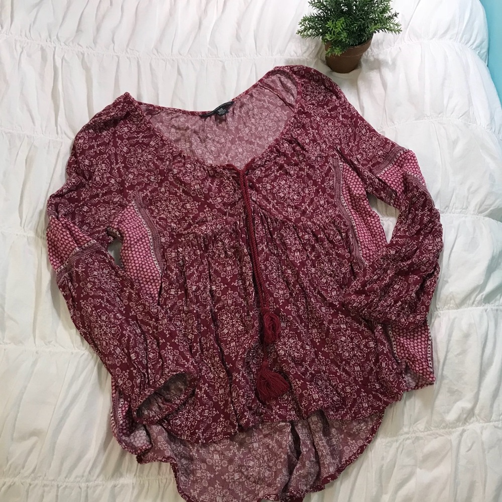 Maroon boho style long sleeve, snatched shirt